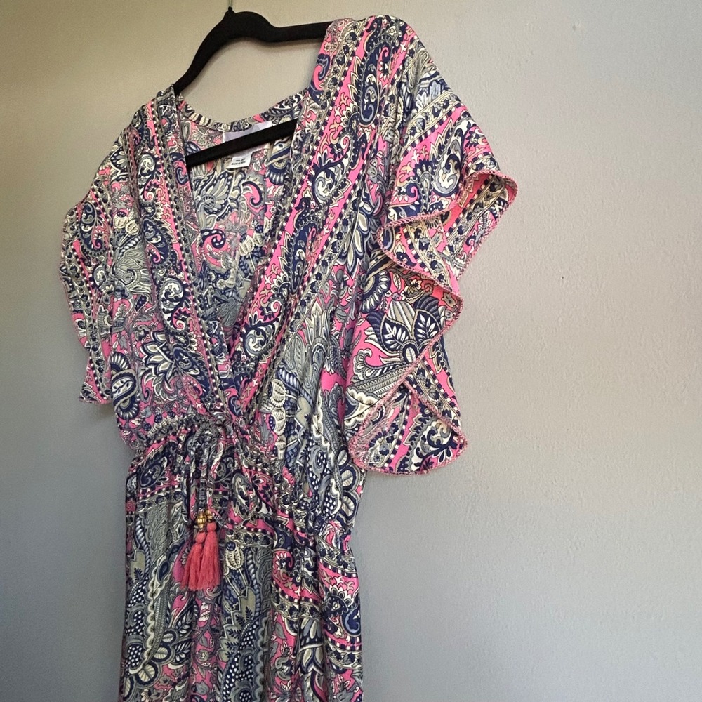 Jessica Taylor Pink Paisley 100% Silk Maxi Dress High Low Ruffle Tassel Boho S - Picture 5 of 9